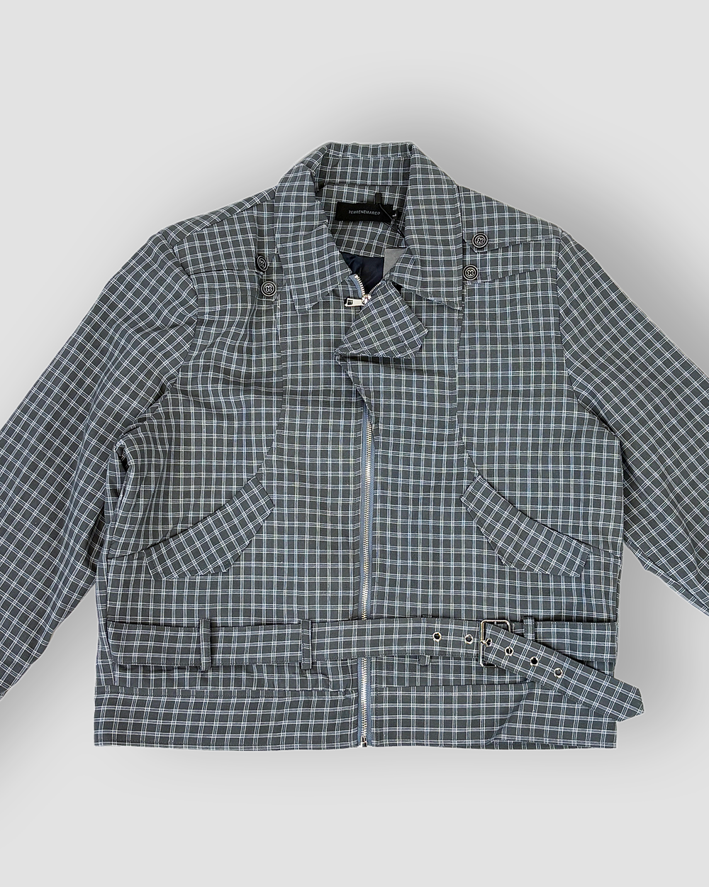 Checkered Box Cut Jacket with Strap - Mid Dark Grey