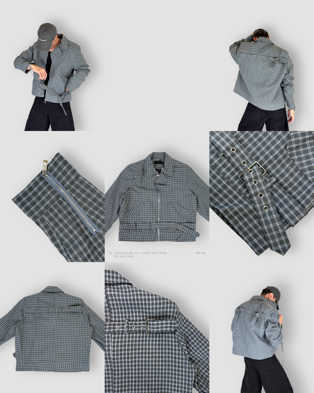 Checkered Box Cut Jacket with Strap - Mid Dark Grey