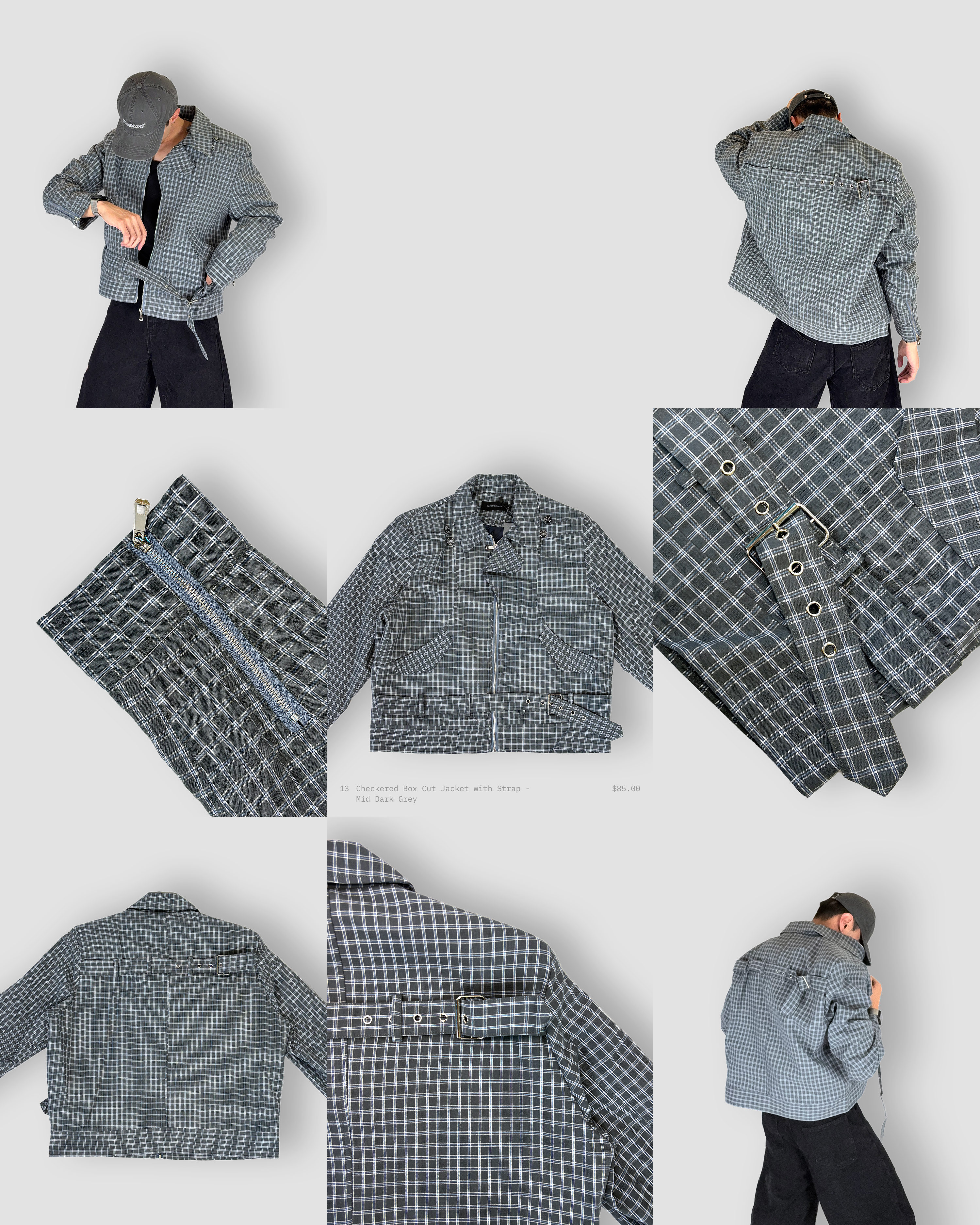 Checkered Box Cut Jacket with Strap - Mid Dark Grey