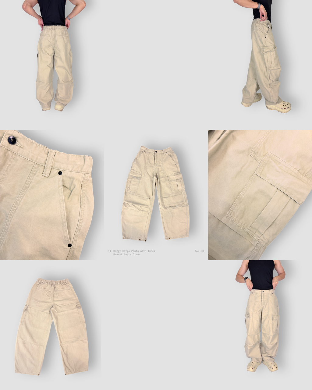 Baggy Cargo Pants with Inner Drawstring - Cream