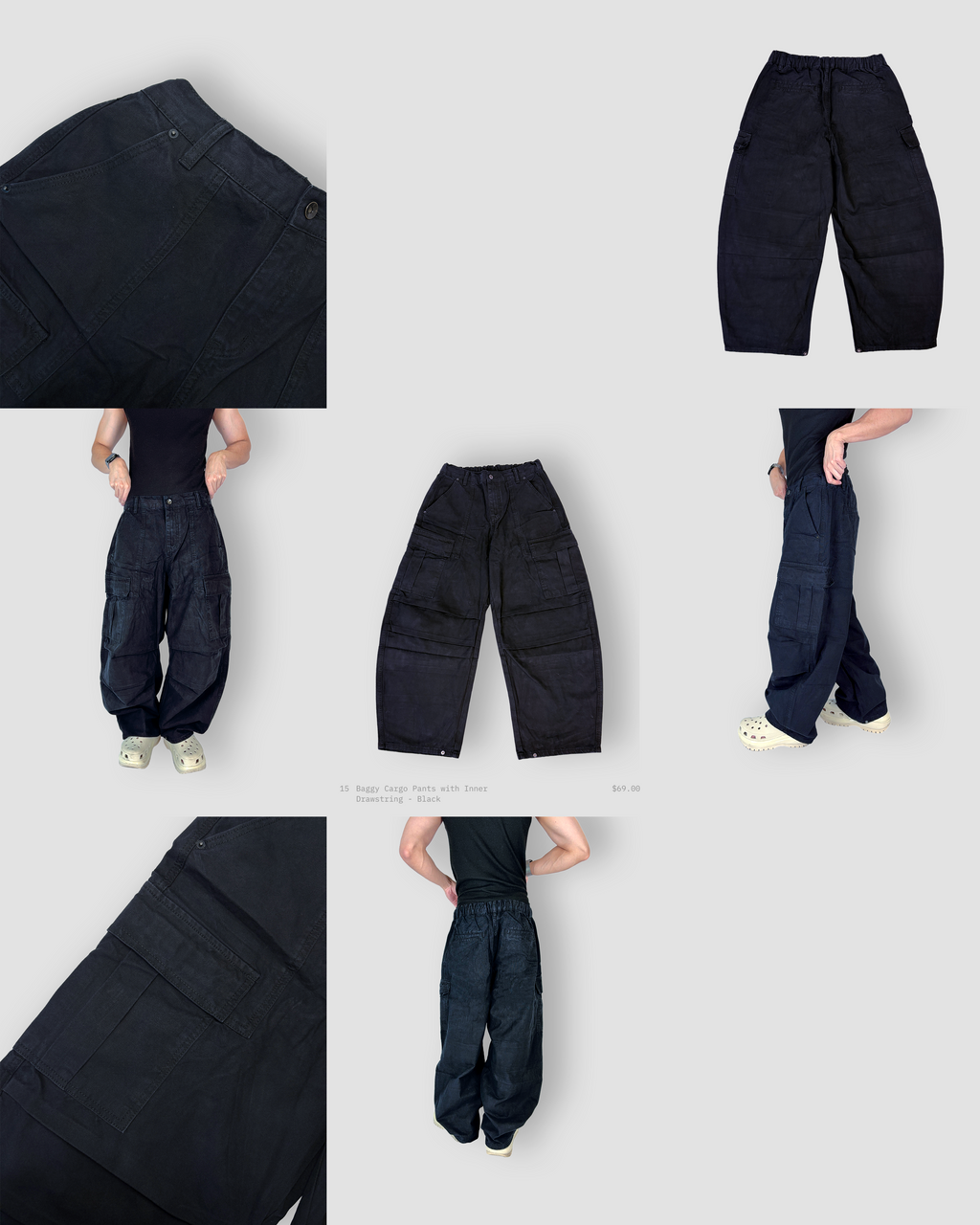 Baggy Cargo Pants with Inner Drawstring - Black