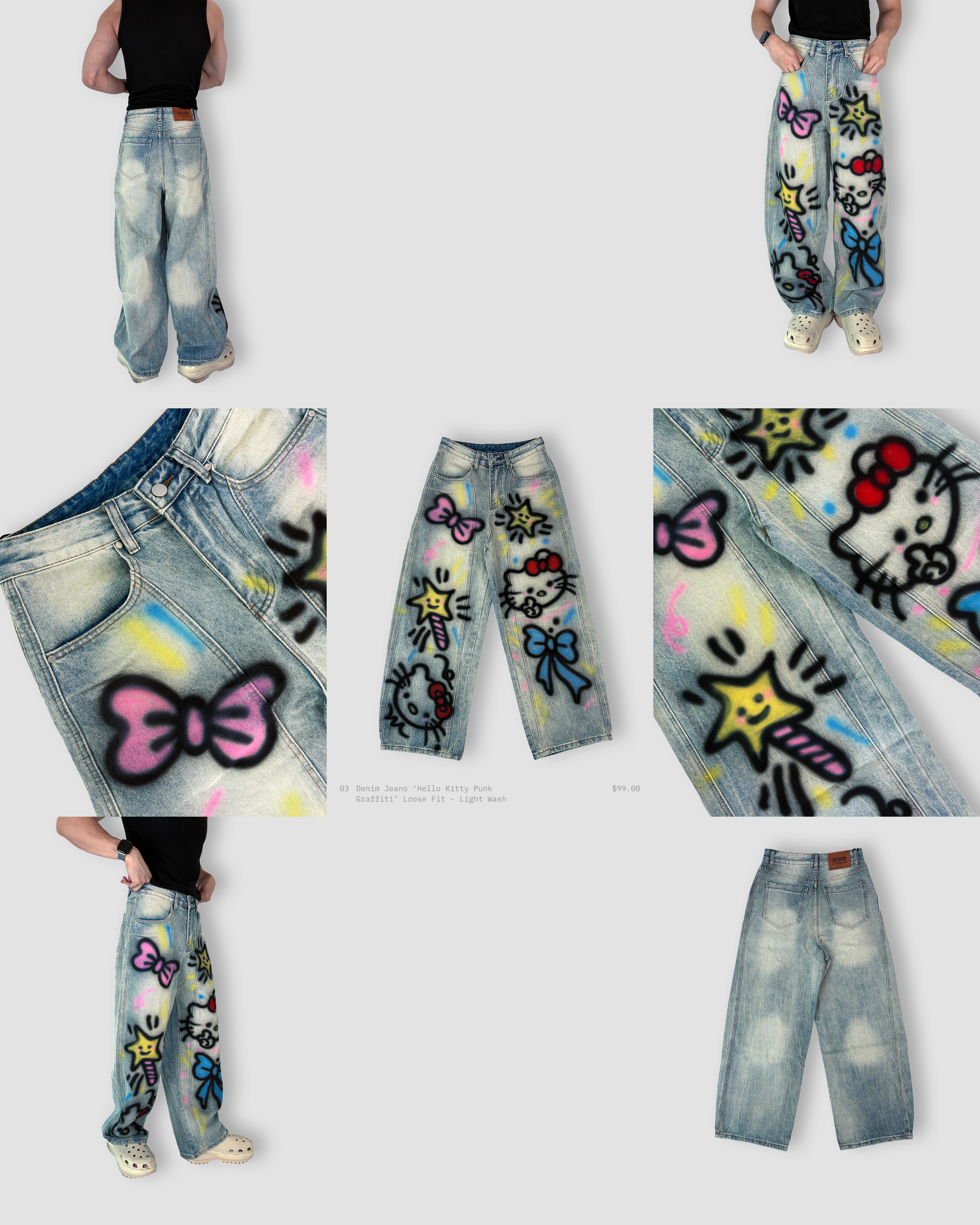 Denim Jeans ‘Hello Kitty Punk Graffiti’ Loose Fit - Light Wash