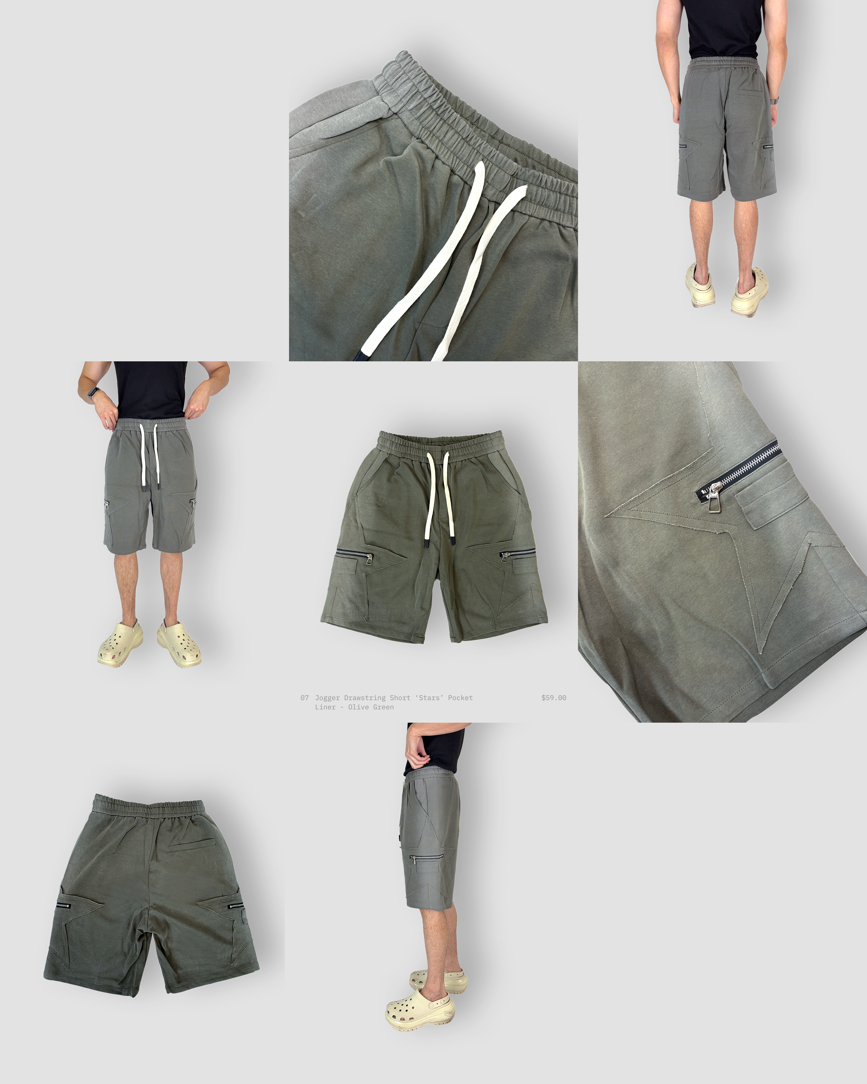 Jogger Drawstring Short ‘Stars’ Pocket Liner - Olive Green