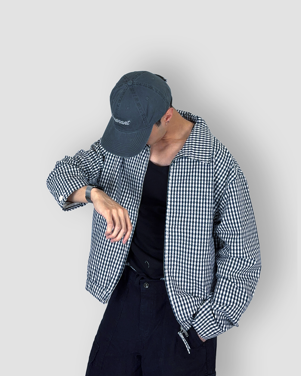 Box Cut Outerwear Checkered Jacket - Dark Blue/White