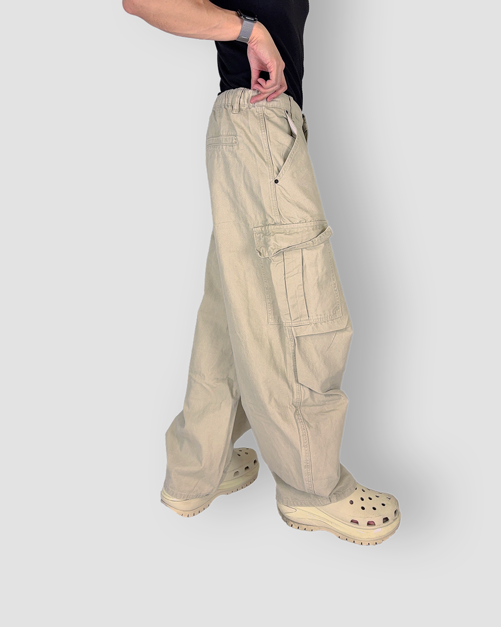 Baggy Cargo Pants with Inner Drawstring - Cream