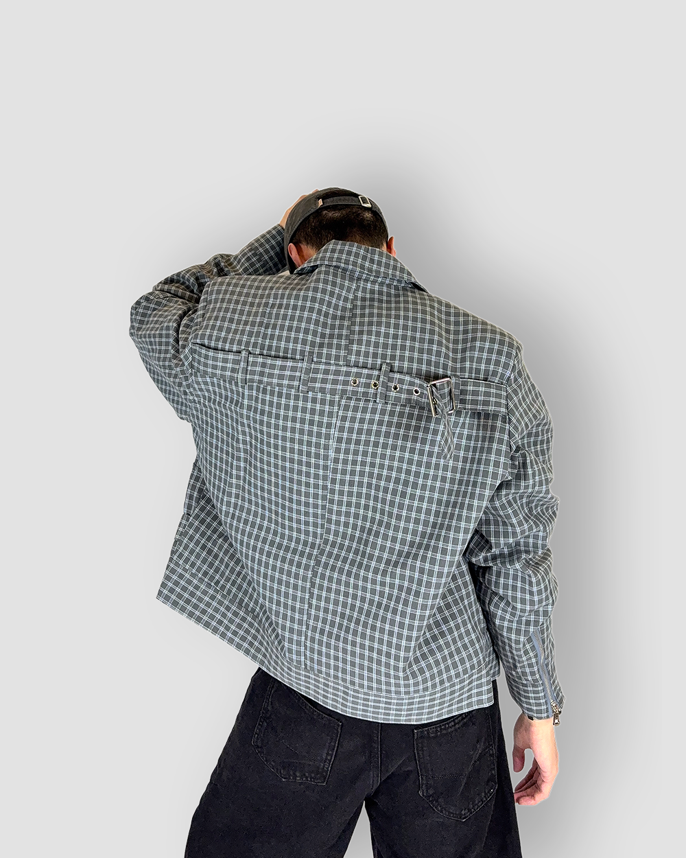 Checkered Box Cut Jacket with Strap - Mid Dark Grey