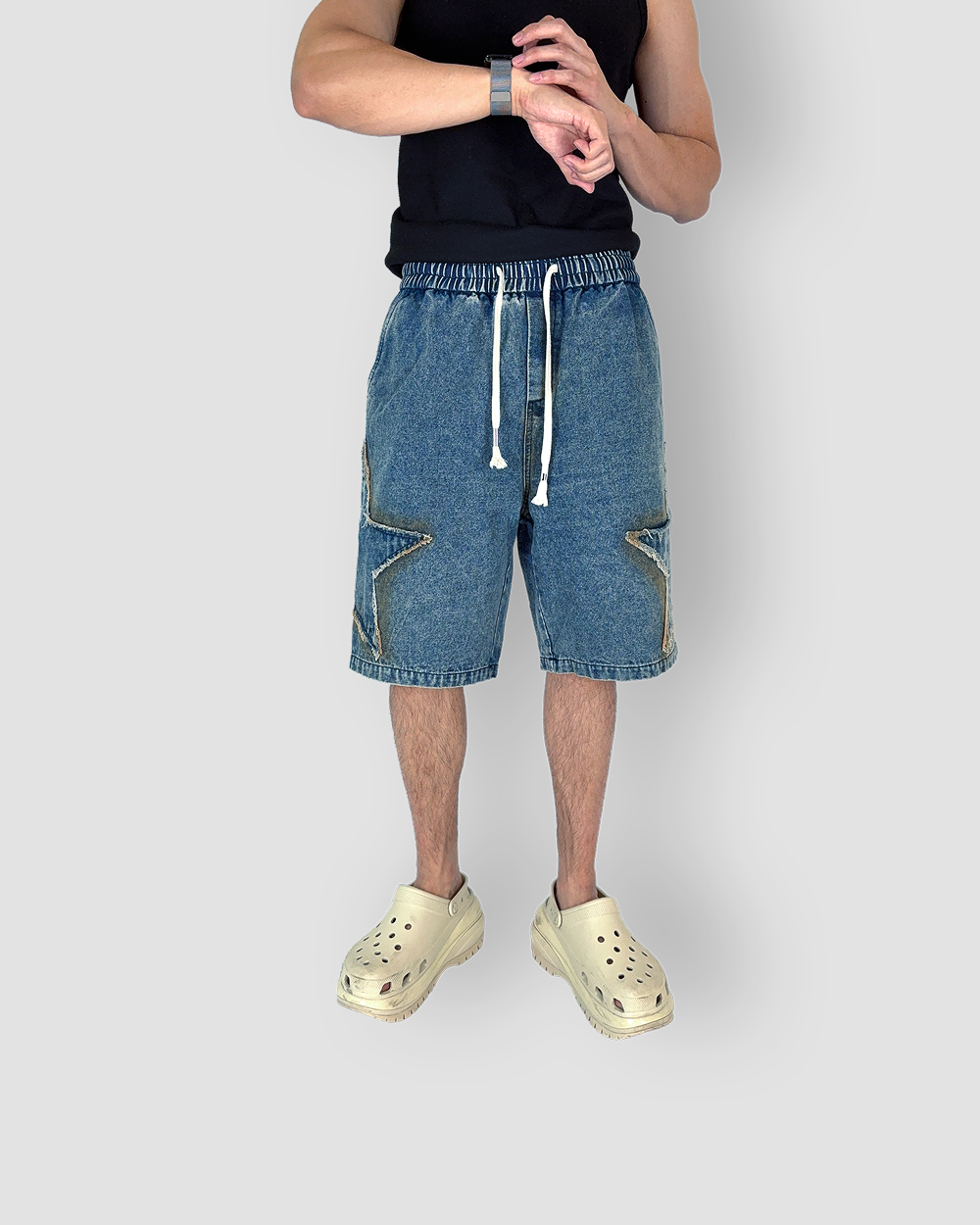 Jean Shorts Drawstring Jorts ‘Stars’ - Denim Wash