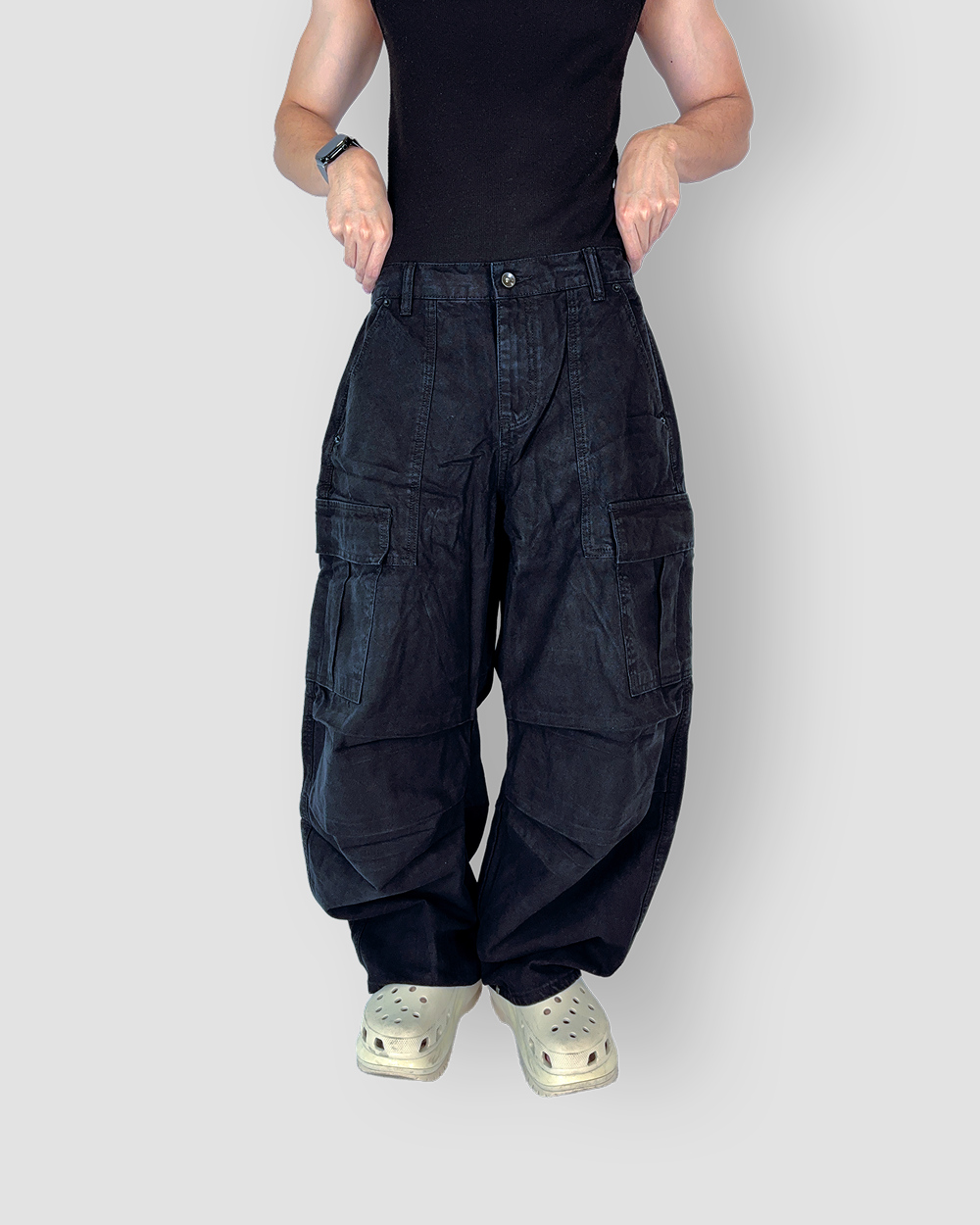 Baggy Cargo Pants with Inner Drawstring - Black