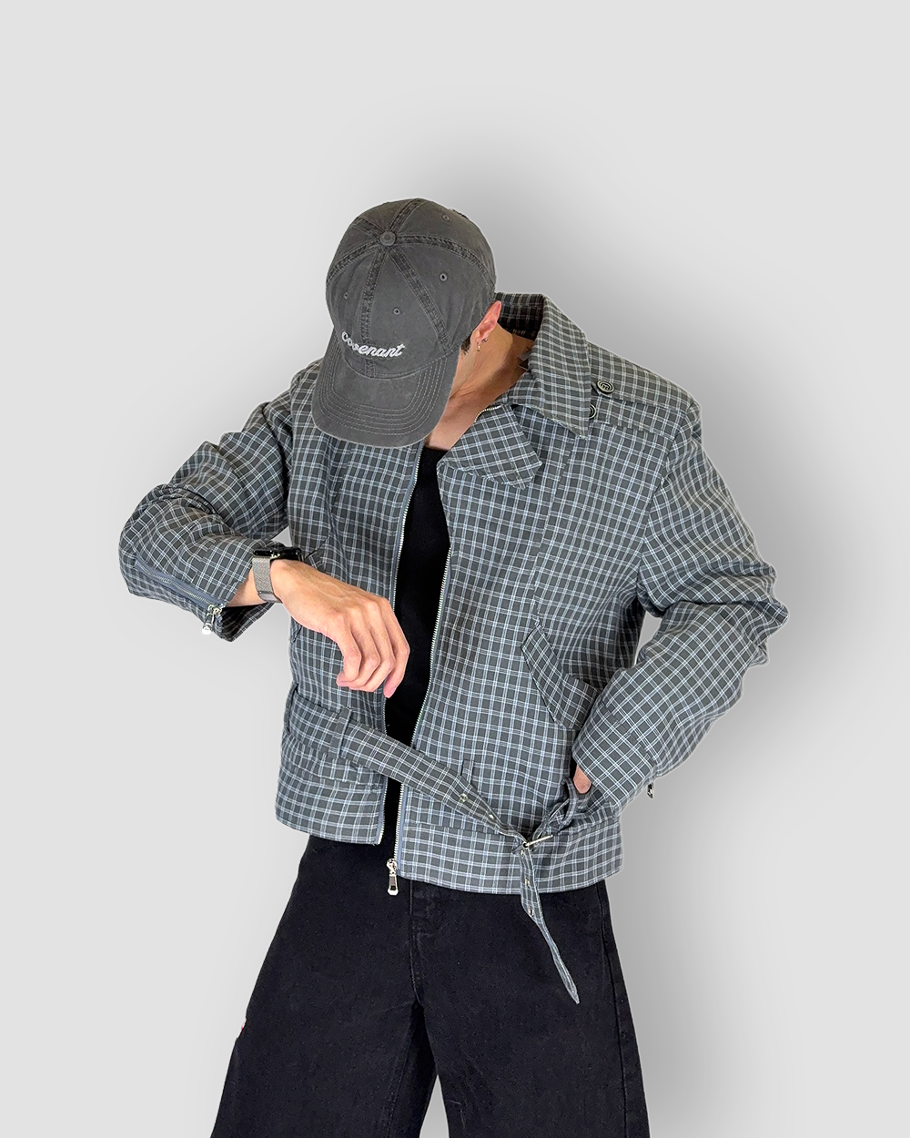 Checkered Box Cut Jacket with Strap - Mid Dark Grey