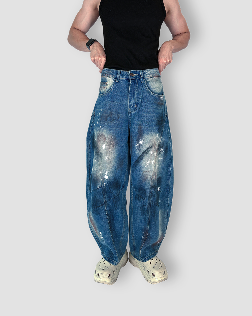 Denim Jeans 'Paint Splash' Balloon Cut - Denim Blue