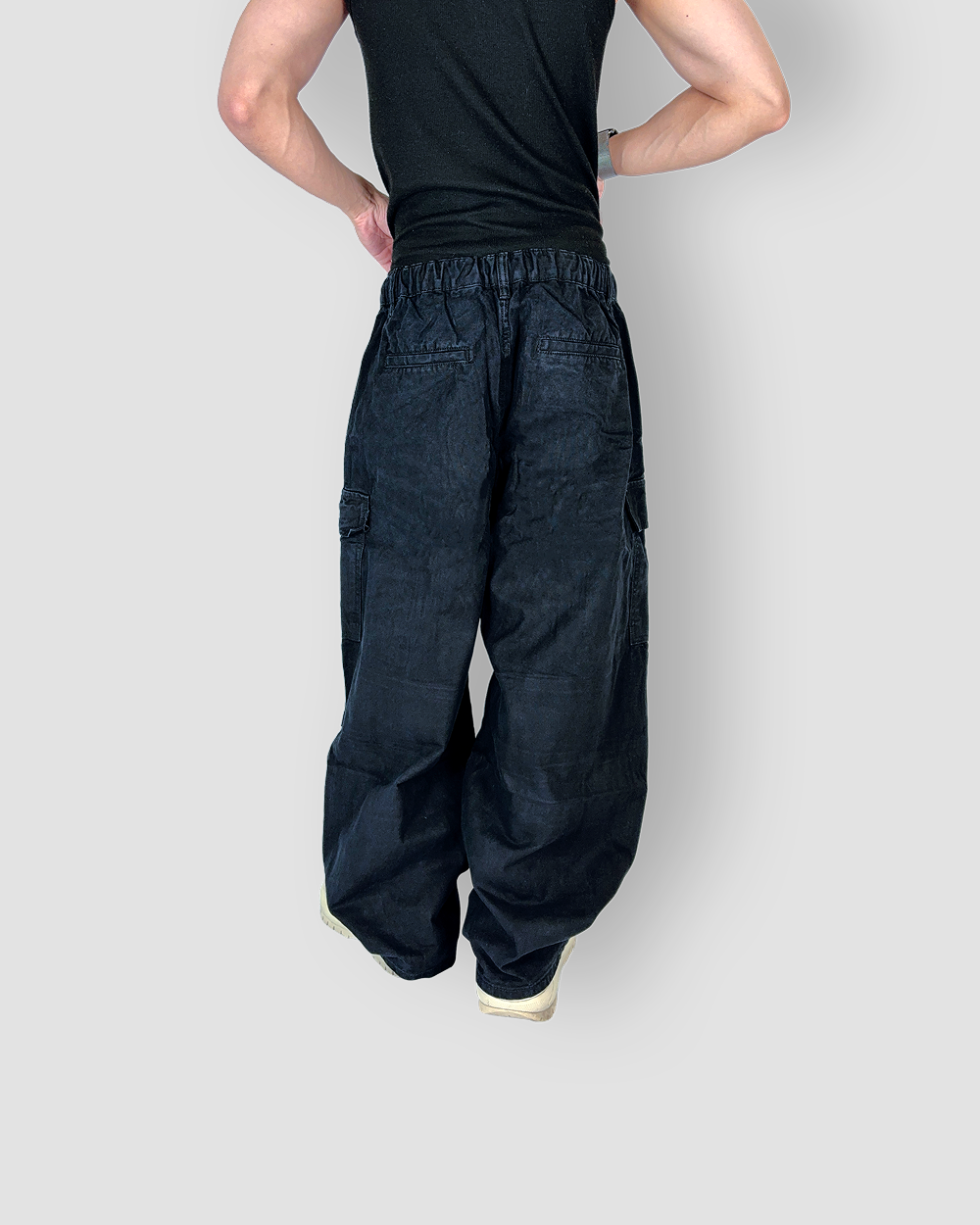 Baggy Cargo Pants with Inner Drawstring - Black