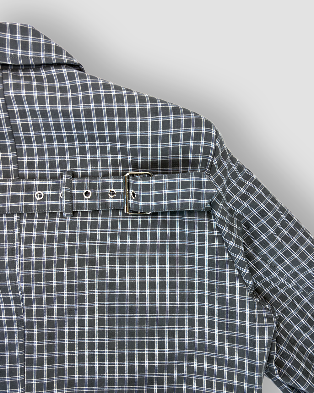 Checkered Box Cut Jacket with Strap - Mid Dark Grey