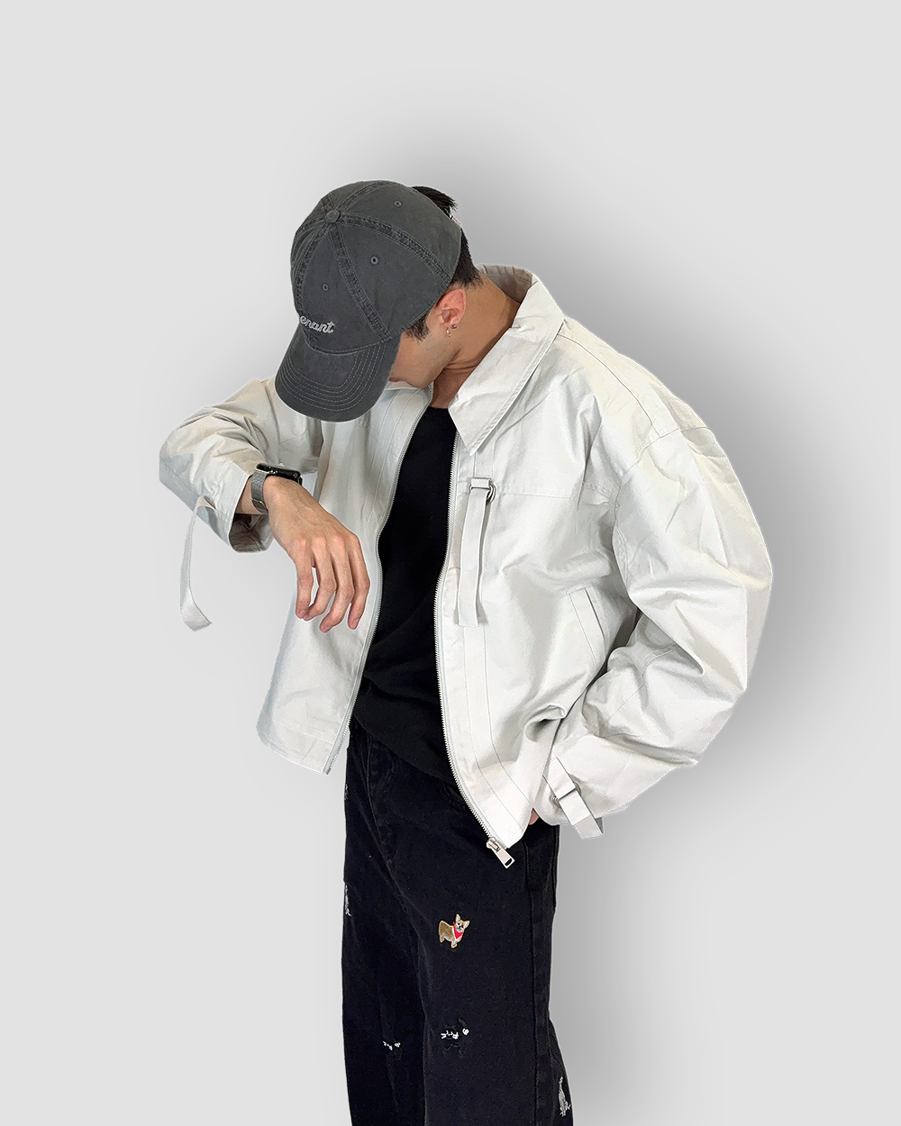 Harrington Jacket Crop Cut with Straps - Light Cream