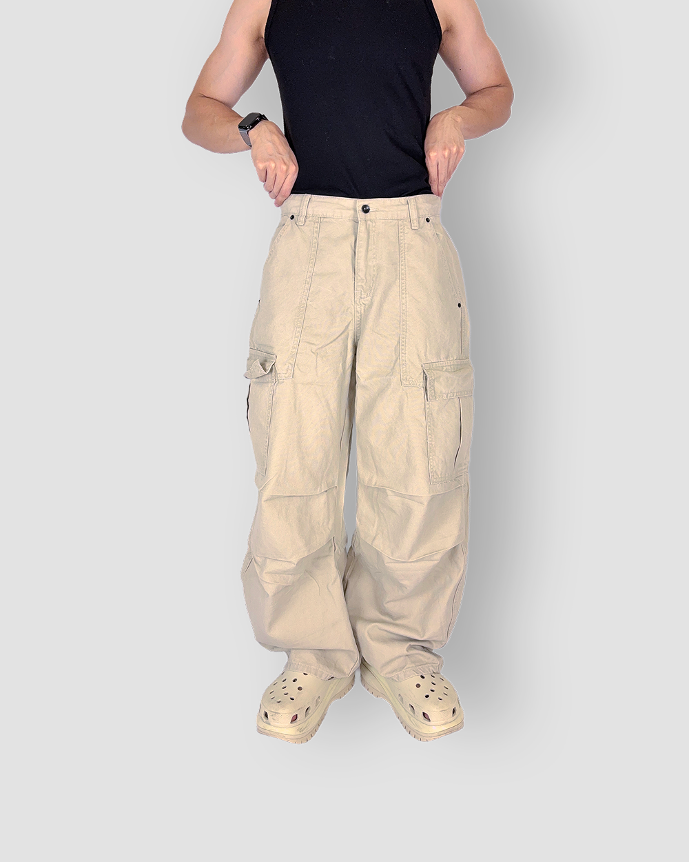 Baggy Cargo Pants with Inner Drawstring - Cream