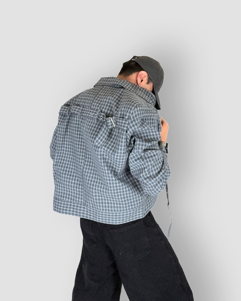 Checkered Box Cut Jacket with Strap - Mid Dark Grey